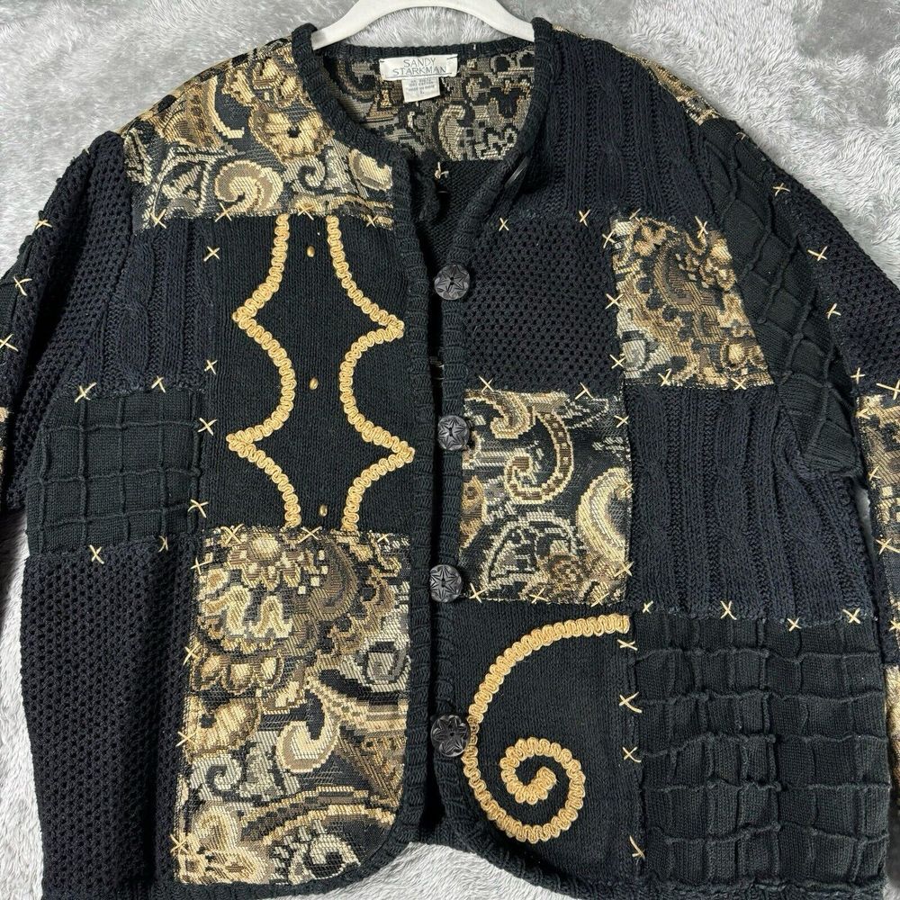 Sandy Starkman Blazer Jacket L Black Quilted Embroidered Patchwork‎ Whimsigoth